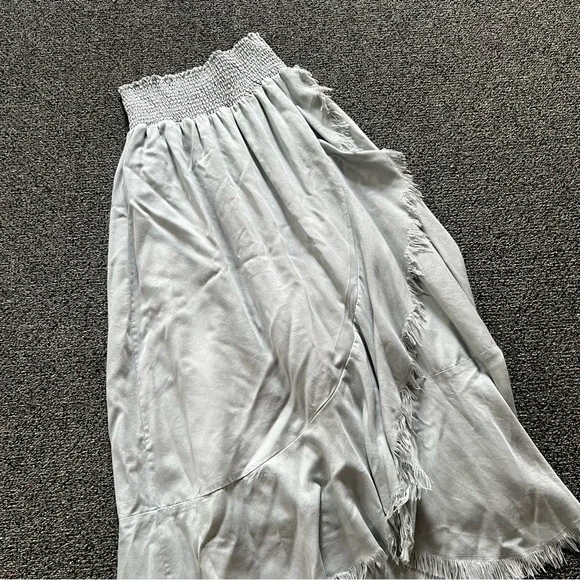 Pastel Baby Blue High Waisted Stretch Midi Maxi Ruffle Frayed Hem Modest Skirt L - Picture 2 of 16